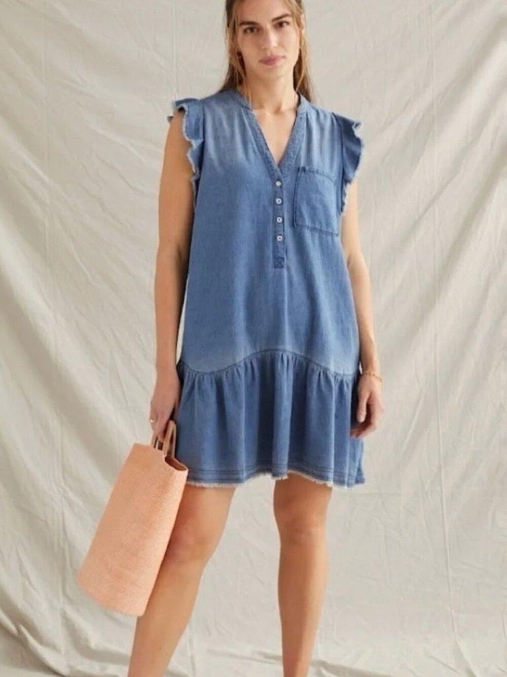 Anthropologie Pilcro Flounced Tunic Chambray Denim Flutter Sleeve Mini Dress XS